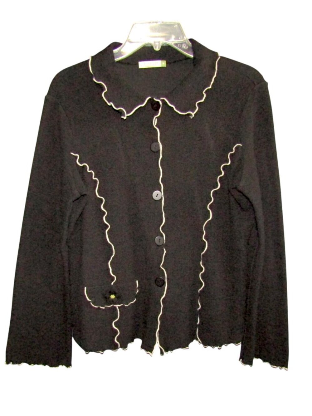 Chalet et Ceci Black Lettuce Ruffle Button Front Jacket Size M Crochet Flower